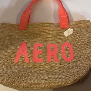 Aeropostale Tote Bag Womens Large Tan Coral Pink Woven Straw Logo